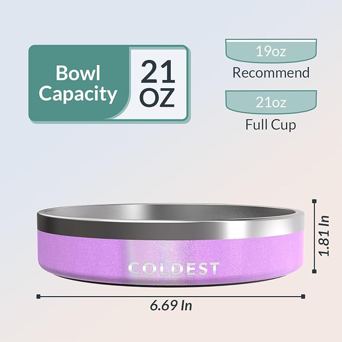 Coldest Dog Bowl - Anti Rust Metal, Non Slip, 3 Layers Insulated Stainless Steel Dog Bowls - Spill Proof & Heavy Duty - Water Bowl for Dogs, Cats, Dish Washer Safe (21 oz,Saturn's Moon Purple Glitter)