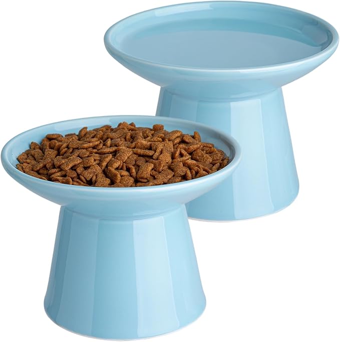 Ceramic Elevated Cat Bowls - 6.2 Inch Extra Wide Raised Cat Food and Water Bowl Set for Indoor Cats, Whisker-Friendly Ceramic Cat Dish for Elder Big Cats & Small Dogs,Blue,2 Pack