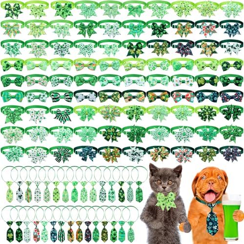 120 Pcs St. Patrick's Day Dog Bow Tie Collar Set Includes 60 Green Irish Bow Ties for Dogs Dog Grooming Bowtie 30 Dog Neckties 30 Large Bow Tie Collar Pet Holiday Accessories for Dog Cat (Shamrock) by Talltalk