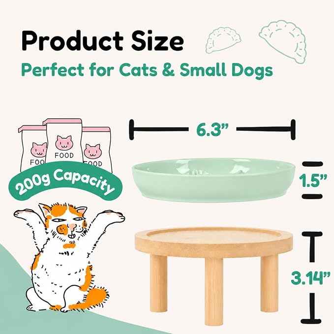 Slow Feeder Cat Bowls with Bamboo Stand, Ceramic Elevated Pet Food Plates for Cats and Small Dogs, Raised Non-Slip Feeder (Green/6.3")