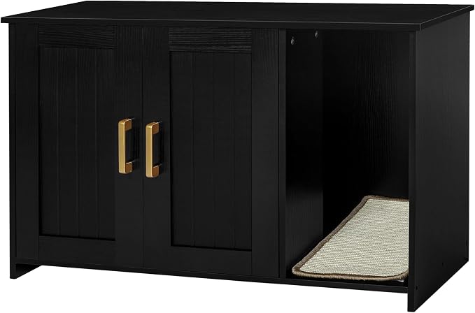 Dwanton Litter Box Enclosure, Cat Litter Box Furniture Hidden, with Scratching Mat, Wooden Cat Washroom Indoor, 31.5" L x 19.7" W x 21.7" H, Black