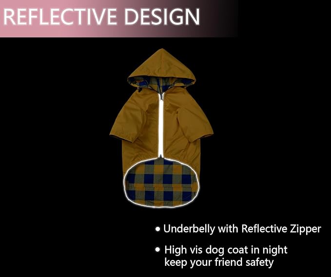 Dog Raincoat Dogs Waterproof Reversible rain Jacket Dog Small Medium Breeds Reflective Zipper Storage Pocket Harness Hole - Yellow - S