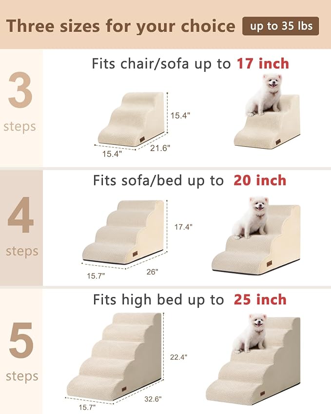 Aodisman Dog Stairs for Small Dogs,3 Step Dog Ramp for Couch,Non-Slip Steps | Pet stairs help small dogs, old cats, and puppies reach couches and chairs easily, durable indoor dog steps,15.4" H,Beige