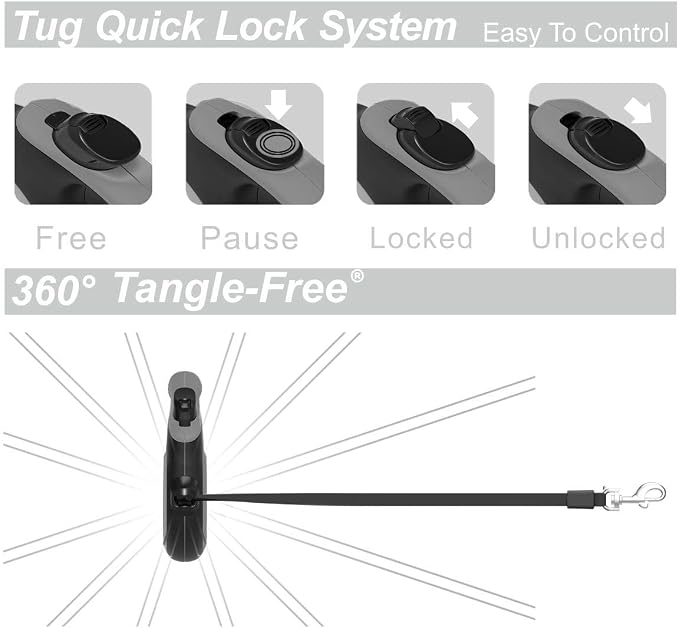 TUG 360° Tangle-Free Retractable Dog Leash with Waste Bag Dispenser (Large, Grey)