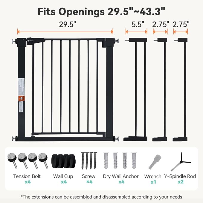 COMOMY 30" Tall Baby Gate for Stairs Doorways, Fits Openings 29.5" to 43.3" Wide, Auto Close Extra Wide Dog Gate for House, Pressure Mounted Easy Walk Through Pet Gate with Door, Black