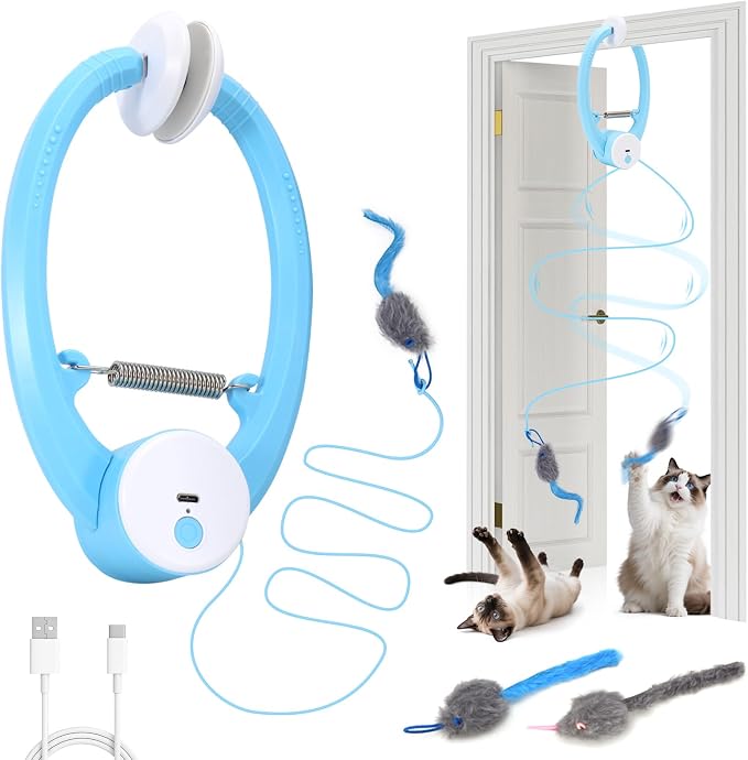 Automatic Interactive Cat Toys for Indoor Cats Hanging Cat Toy, Blue | 2 Electric Fluttering Mouse Feather Wands, USB Rechargeable, Adjustable Strings, 360° Rotation for Bored Kittens & Adult Cats