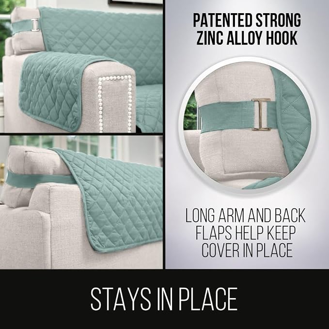Sofa Shield® Couch Slip Covers for Dogs, Reversible Furniture Protector with Strap, Stain and Tear Resistant Cushion Cover, 62 inch Seat, Machine Washable Slipcover Pets, Cats, Seafoam Cream