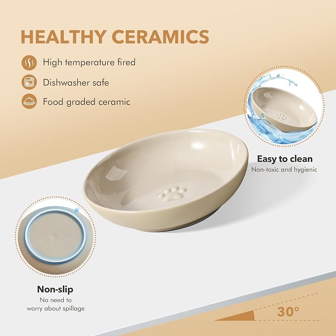 Havniva Elevated Cat Bowls, Cat Food and Water Bowl Set, Ceramic Cat Bowl | Raised Cat Food Bowls, Whisker Friendly, 5.6” Shallow Cat Dishes + 6” Wide Cat Plates, Non-Slip Wood Stand, Two Heights