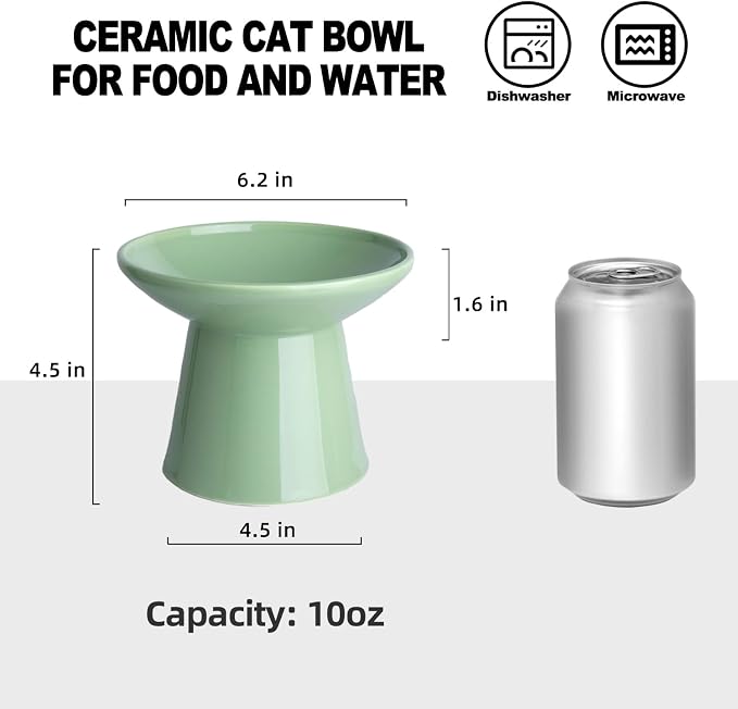 Ceramic Elevated Cat Bowls - 6.2 Inch Extra Wide Raised Cat Food and Water Bowl Set for Indoor Cats, Whisker-Friendly Ceramic Cat Dish for Elder Big Cats & Small Dogs,Green,2 Pack