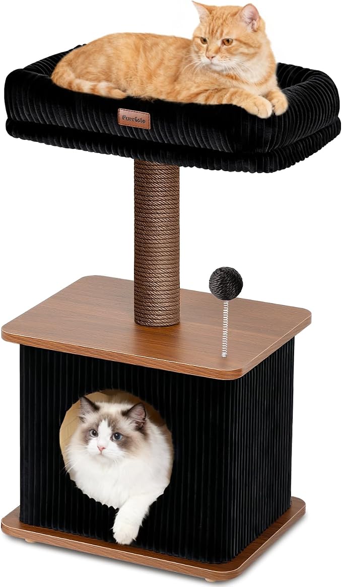 Nordic Loft Cat Tree, Compact 30" Walnut Wood Tower for Kittens | Walnut Wood Finish, Soft Padded Perch, Sisal Scratching Post, Cozy Hideaway Condo, Floor-Mounted Stable Base, Indoor Use