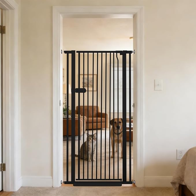 Lumizone Extra Tall Cat Gate 55.12" High 29.92"-34.24" Wide Pet Gate Black | Dog Gate for Doorway Hallway Stairs Pressure Mounted Extra Wide 1.37" Gap No Drilling Auto-Close One-Handed Operation