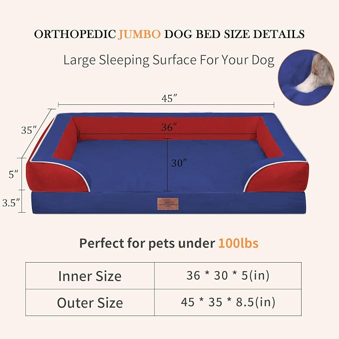 Comfort Expression Orthopedic Dog Bed for Extra Large Dogs with Bolster | Waterproof Dog Couch Bed with Washable Cover & Non-Slip Bottom, Supportive Egg Crate Foam XL Pet Bed, 45x35 Inch