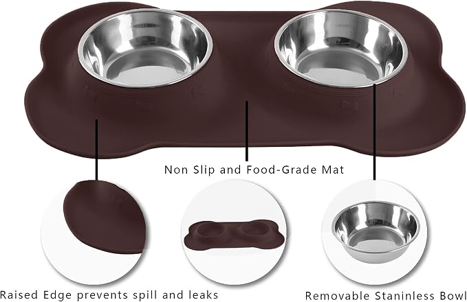 Hubulk Pet Dog Bowls 2 Stainless Steel Dog Bowl with No Spill Non-Skid Silicone Mat + Pet Food Scoop Water and Food Feeder Bowls for Feeding Small Medium Large Dogs Cats Puppies (X- Large, Chocolate)