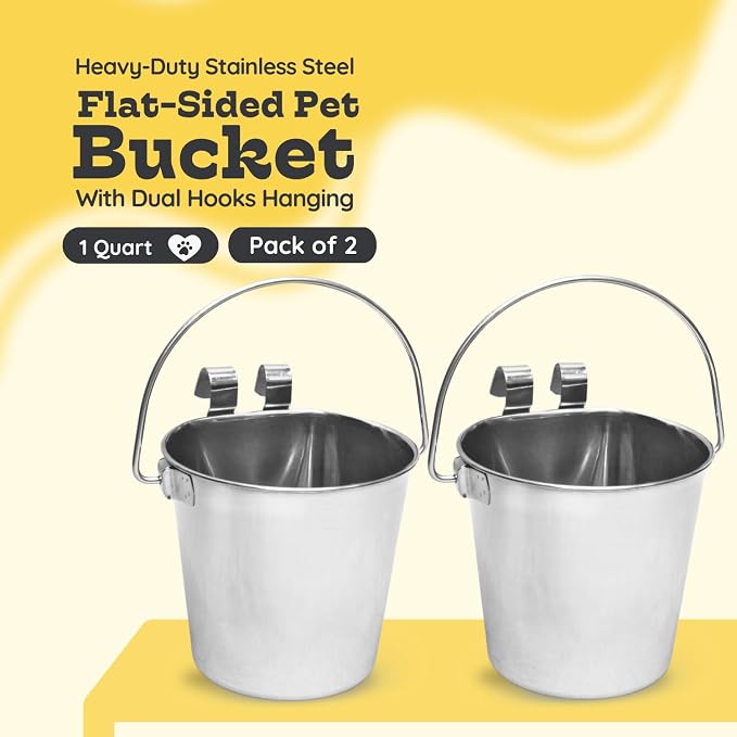 1 Quart Stainless Steel Flat Sided Bucket with Dual Hooks | 2 Pcs Durable Food & Water Bowl for Dog Cats Bird & Small Animals | Fits kennel Cage Crates Hanging Pet Pail | Multipurpose use