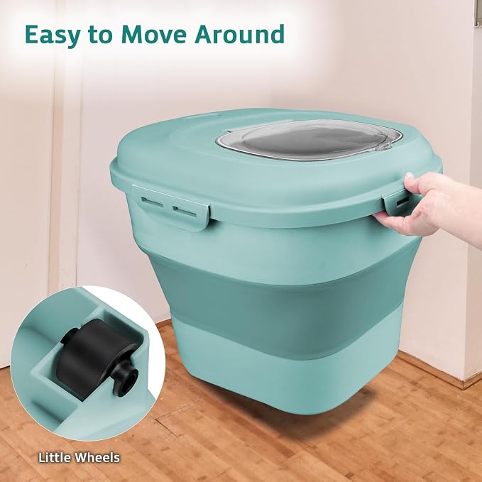 Rice Storage Bin Cereal Containers, 13-50lb Collapsible Rice Container Dispenser with Transparent Lid, Rolling Wheels, Measuring Cup and Scoop, Airtight Dog Cat Pet Food Storage Container Green