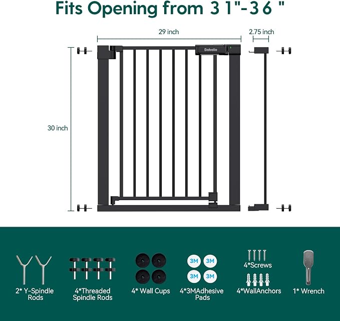 Babelio Baby Gate for Doorways and Stairs, 31-36" Pet Gate with Wide Door | Pressure/Wall Mount; Triple-lock System; Auto-close; 200N Impact Tested; Easy Install for Doorways, Kitchen, Hallway, Black