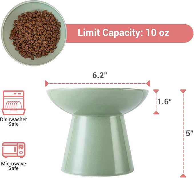 CEEFU 2-Pack Extra Wide Elevated Ceramic 6.2" Shallow Cat Food Bowls | Cat Dish for Whisker Fatigue Relief, 5" Height for Easy Feeding, Durable Raised, Sage Green