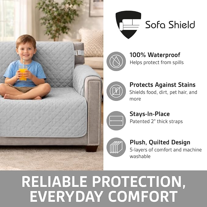 Sofa Shield 100% Waterproof Couch Cover with Patented Straps, Slip & Stain Resistant, Machine Washable Sofa Slipcover for Dogs Cats Pets Kids, 28 inch Seat, Large Recliner, Light Gray