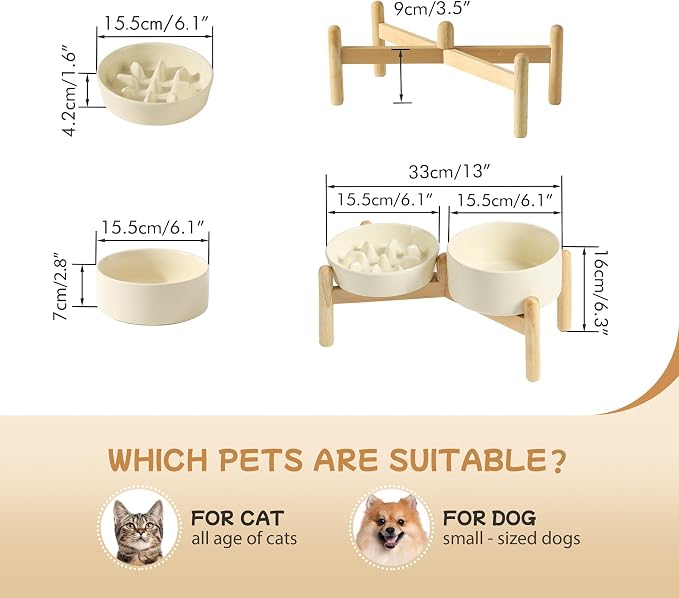 Havniva Elevated Slow Feeder Dog Bowls, Ceramic Dog Bowl Slow Feeder Set | 0.9 Cups Raised Slow Feeding Bowl for Small Breed, 6.1” Dog Water Bowl with Wooden Stand, Puzzle Dog Slow Feeder, Non-slip