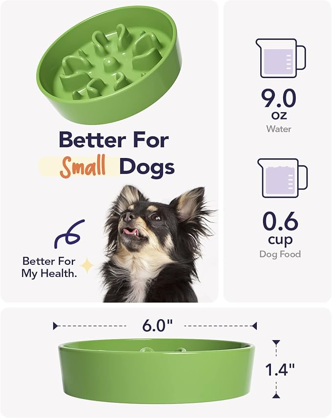LE TAUCI Ceramic Slow Feeder Dog Bowls Small Breed, 0.6 Cups Dog Food Dish for Fast Eaters, Puzzle Bowl for Small Dogs and Cats,Clover Green