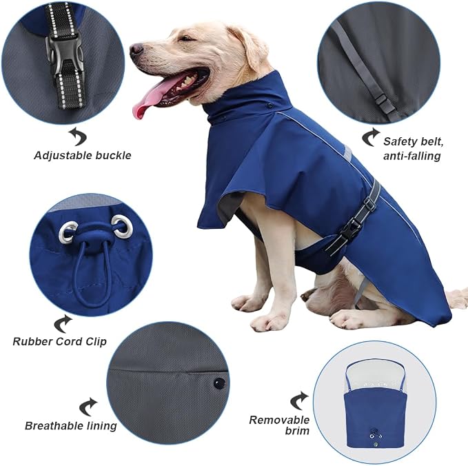 Pet Dog Raincoat Jacket Large Dog Rain Poncho with Transparent Hood, Double-Layer Structure, Adjustable, Waterproof, and Reflective, Suitable for Medium to Large (Dark Blue, L)
