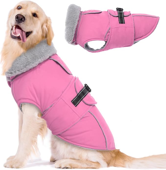 Lelepet Dog Coats for Large Dogs Waterproof Dog Jacket with Adjustable Fit | Reflective Pet Fleece Vest Hook & Loop Windproof Cold Weather Coats with Adjustable Buckle & Leash Hole, Pink, XXL