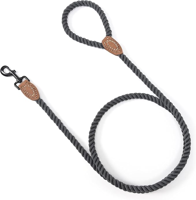 Mile High Life Dog Leash Braided Cotton Rope with Leather-Reinforced Ends | Rust-proof 360° swivel clasp, Heavy-duty for medium/large dogs. Great for weddings, daily walks (4 FT, 1/2", Dark Gray)