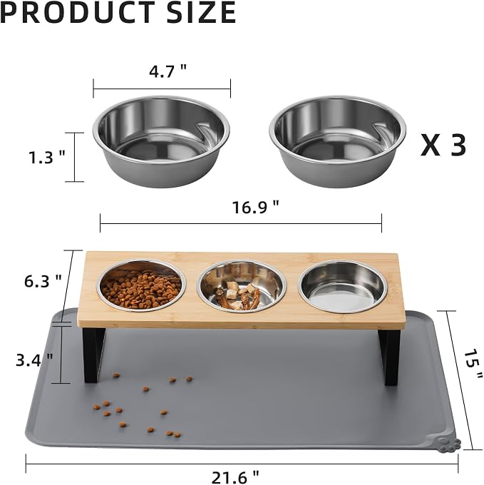 Upgraded Elevated Cat Bowls with Food Mat,15°Tilted Stand Anti Vomiting Raised Cat Dishes for Food and Water,3 Stainless Steel Bowls for Cats and Puppy