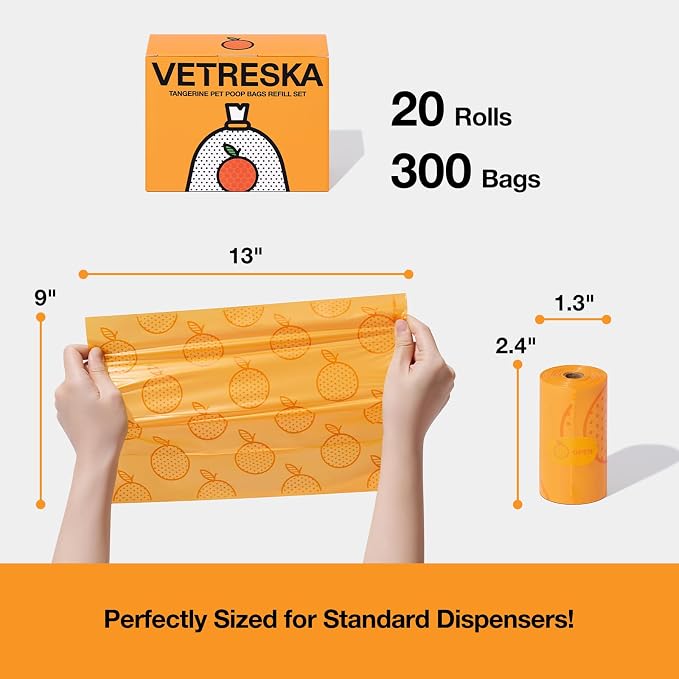 VETRESKA Citrus Scented Dog Poop Bags, 300 Counts, Leak Proof and Large | Extra Thick Pet Waste Bags for Dogs Walking and Cat Litter (20 Refill Rolls)
