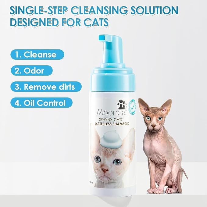 Mooncat Sphynx Cat Waterless Shampoo — No Rinse, No Residue, Skin Safe | No residue on bare skin, Removes skin oils & odor, Gentle for Sphynx & Devon Rex, No rinse, Fresh scent, Kitten safe 8+ weeks