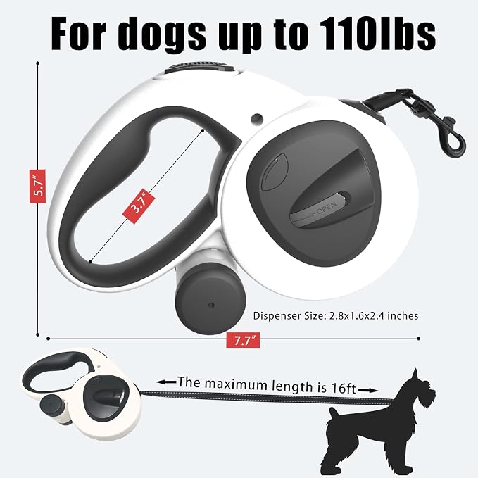 HCY&WLD Upgrade 4-in-1 Retractable Dog Leash with LED Light & Dispenser & Poop Bags, 16 ft Heavy Duty Dog Leash with Anti-Slip Handle for Dogs up to 110 lbs, 360° Tangle-Free, One Button Brake & Lock