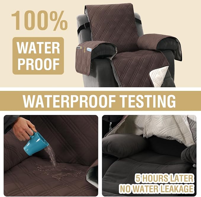 H.VERSAILTEX 100% Waterproof Reclining Couch Covers 1-Piece Reversible Recliner Chair Covers Furniture Protector with Elastic Straps for Pets Kids Sitting Width Up to 23" (Recliner, Brown/Beige)