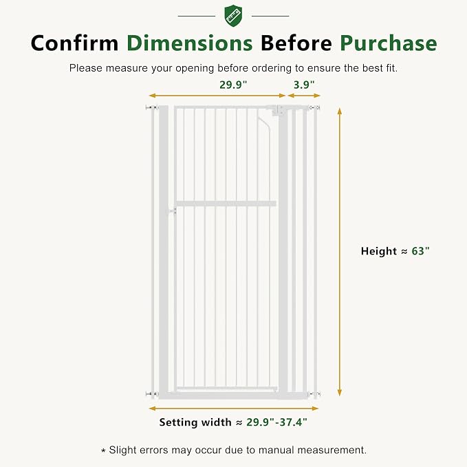 Floisdace 63" Extra Tall Pet Gate for Cat/Dog, Adjustable 29.9-37.4" Wide Auto Close Tall Cat Gate, No Drilling Pressure Mount Kit, Dog Gate for Doorways, Hallways, Kitchen, White
