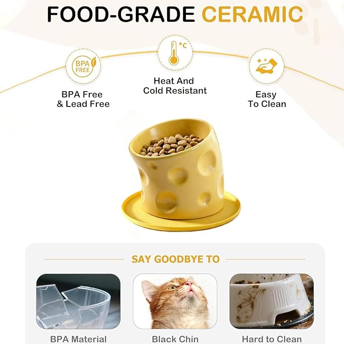 Ceramic Raised Cat Bowls, Elevated Cat Bowls with Food Mat | Anti-Vomiting & Spine Protection, Cheese-shaped, Whisker Friendly Pet Bowl, Dishwasher and Microwave Safe