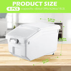 4 Pcs Rice Storage Containers Bulk Flour Sugar Container Wheels Measuring Cups Set Airtight Pet Dog Cat Birds Food Bin Grain Cereal Organizer Box for Dry Baking(White,22 lb)