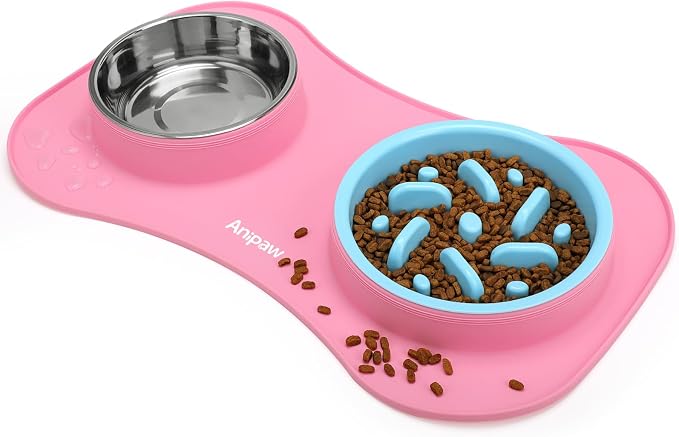 Slow Feeder Dog Bowls 3 in 1 Stainless Steel Food Water Bowl to Slow Eating | Durable, Non-spill & Non-skid with Silicone Mat Design, Slow Down Eating, Suitable for Small Medium Large Dogs and Cats