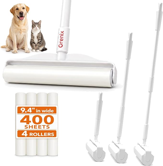 Large Lint Roller Pet Hair Remover, Long Handle Floor Roller, 4 Refills 400 Sheets | Switch from 8.7 in handheld control to 47.2 in reach for carpets, couches, cars, and narrow spaces under beds and sofas.
