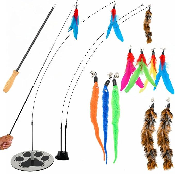 Cat Toys for Indoor Cats, Interactive Cat Toy Wand, Kitten Stuff, 9 Lures | 3 Play Modes! Set The No-topple Base On A Couch, Attach The Dual Suction Base, Or Use The Handheld Fishing Pole Wand.
