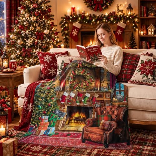 Neasow Christmas Throw Blanket, Christmas Eve Fireplace Tree and Puppy Design Soft Fuzzy Cozy Flannel Blanket Gift for Family and Friends Home Sofa Couch Chair Decorative 50x60 Inch - Image 5