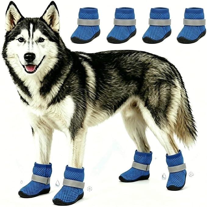 Breathable Mesh Dog Shoes Summer Anti-Scald Paw Protector Boots, Reflective Adjustable Non Slip Pet Footwear for Small Dogs Puppy Cats Hot Pavement Outdoor Walking (Dark Blue, X)