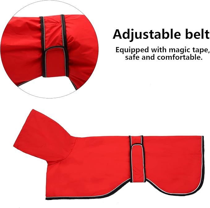 Greyhound Whippet Raincoat Waterproof with Reflective Stripe high Neck fit for Italian Greyhounds Whippets Long Back Breeds - Red - S