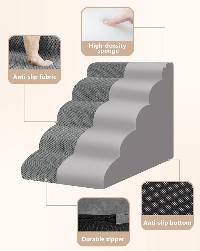 Aodisman Dog Stairs for High Beds,5 Step Pet Ramp for Dogs and Cats,22.4" H | High-density foam dog steps for beds and window sills, with a non-slip bottom for puppy and older cat,comfortable,Grey