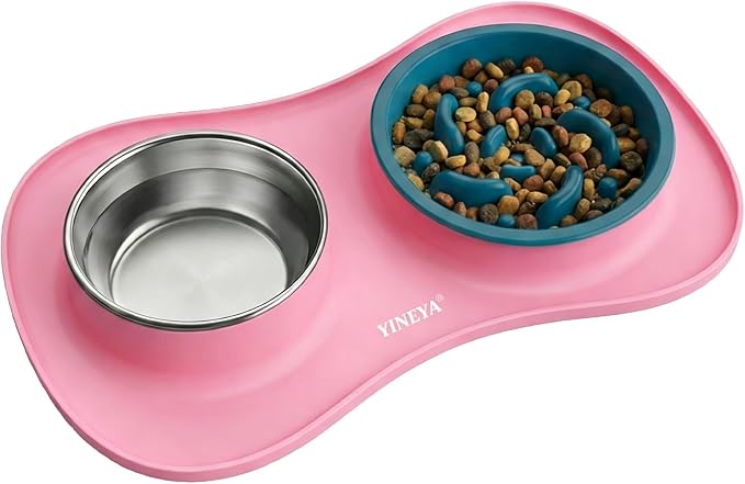 YINEYA 3 in 1 Slow Feeder Dog Bowls,Dog Water Bowl,Cat and Dog Food Bowl | Stainless Steel Dog Bowls with Non-Spill Dog Bowl Mat, Anti-Choking Puppy Bowls, Easy Clean for Large Medium Small Dogs Cats