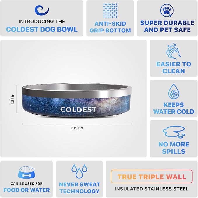 Coldest Dog Bowl - Anti Rust Metal, Non Slip, 3 Layers Insulated Stainless Steel Dog Bowls - Spill Proof & Heavy Duty - Water Bowl for Dogs, Cats & Pets, Dish Washer Safe (21 oz, Into The Beyond)