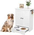 Dog Feeding Station with Storage Cabinet, White Wood Dog Cabinet with 2 Elevated Stainless Steel Bowls, Hidden Pull-Out Feeder Drawer, Pet Feeding Station for Kitchen and Living Room
