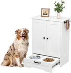 Dog Feeding Station with Storage Cabinet, White Wood Dog Cabinet with 2 Elevated Stainless Steel Bowls, Hidden Pull-Out Feeder Drawer, Pet Feeding Station for Kitchen and Living Room