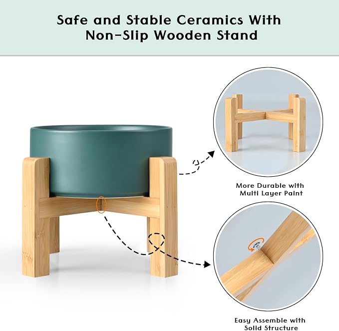 SPUNKYJUNKY Ceramic Elevated Dog Bowls 2 Pack - 8.3inch Raised Dog Bowls with Non-Slip Wooden Stand for Large Dogs Dishwasher Safe(Green,60OZ*2)