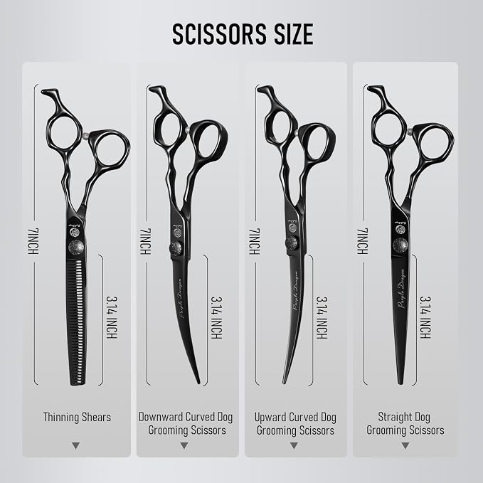 Purple Dragon Dog Grooming Scissors Set - Thinning, Straight, Up & Down | Stainless Steel, 7 Inch Black Shears, with Adjustable Screw, for Dogs and Cats