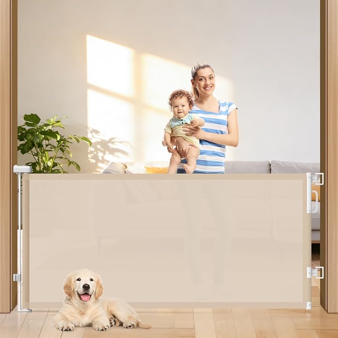 78" Retractable Extra Wide Baby Gates for Stairs, Long Mesh Dog Gate | Indoor Outdoor Pet Gate for Large Openings, Ideal for Doorways Hallways Kitchens Decks & Porches, 34" Height, Beige