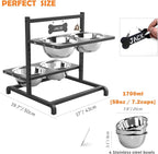 ADENGL Elevated Dog Bowl Stand with 4 Stainless Steel Bowls (1700ml/58oz) – 9 Height Adjustable Raised Pet Feeder from 4.9" to 14.5" for Large Dogs & Multi-Pet Homes, with Bone Name Tag